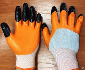 Перчатки нейлоновые с 2-м нитриловым покрытием, черные пальцы (оранжевые)
